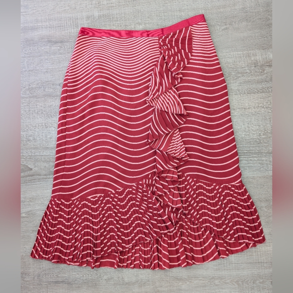 Tory Burch Red and Light Pink Striped Asymmetrical Midi Skirt
